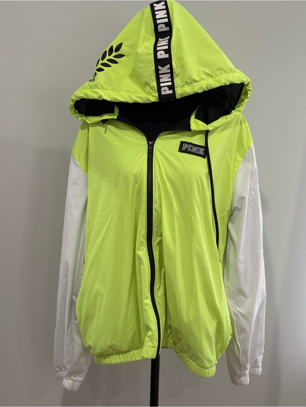 PINK M/L Victoria's Secret Neon Yellow & White Hooded Windbreaker Jacket 696